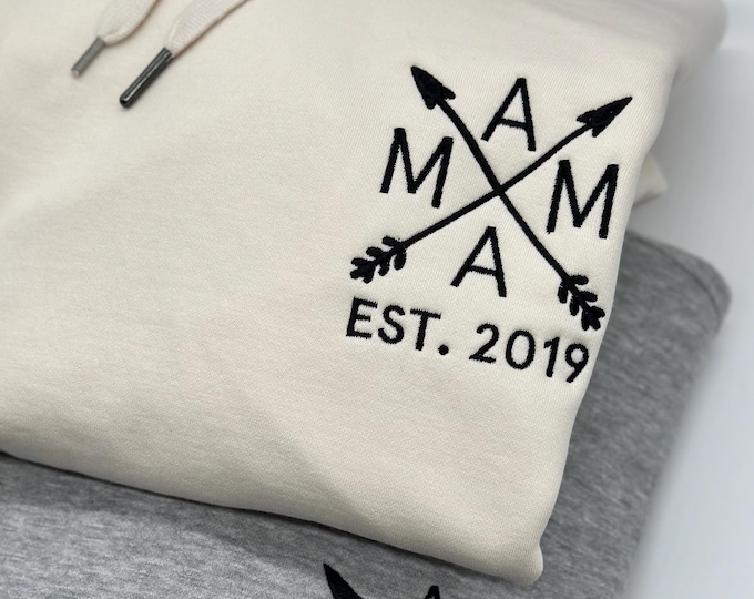 MAMA Besticktes Hoodie personalisiert Name und Jahreszahl, Mutter Pulli Geschenk ,Oma Sweatshirt. Personalisierter Muttertag Kapuzenpullover