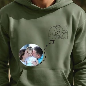 Könnte beinhalten: Olivgrüner Kapuzenpullover mit Fronttasche und Kapuze. Der Hoodie hat ein kleines, rundes Foto einer Familie und eine Strichzeichnung einer sich küssenden Familie. Der Hoodie wird von einer Person getragen.