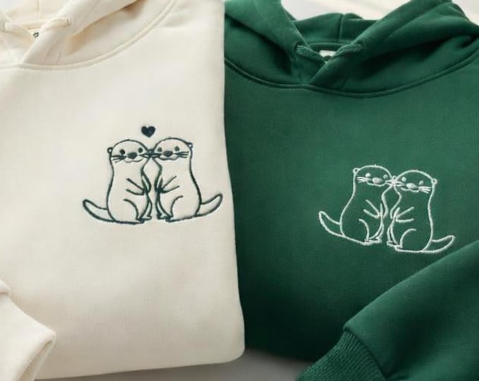 Besticktes Ottermotiv Valentinstag Geschenk für Paare, bestickter Hoodie für die Valentinstagsfeier,Stickerei am Ärmel,Jahrestagsgeschenk