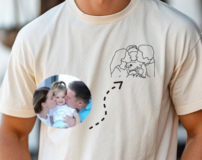 Besticktes Familien T-Shirt personalisiert ,Porträtfoto Vater Shirt, Geschenkidee Weihnachten und Vatertag, Line-Art Familienfoto Geburtstag