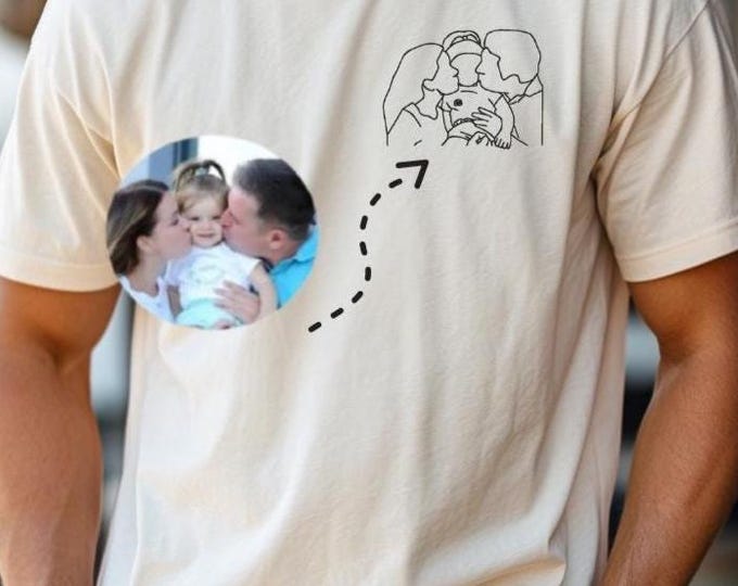 Besticktes Familien T-Shirt personalisiert, Portraitfoto Vater Shirt, Geschenkidee Weihnachten und Vatertag, Line Art Familienfoto Geburtsta