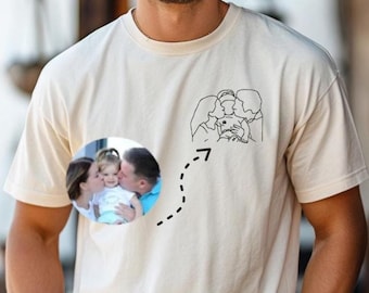 Embroidered family T-shirt personalized, portrait photo father shirt, gift idea Christmas and Father's Day, line art family photo birthday