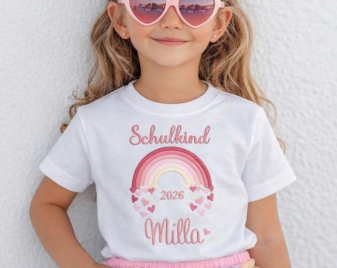 T- Shirt für Schulkind Einschulung 2026, Schulanfang Geschenk Shirt Regenbogen mit Name für Mädchen, 1. Klasse Schultag Schulanfänger,