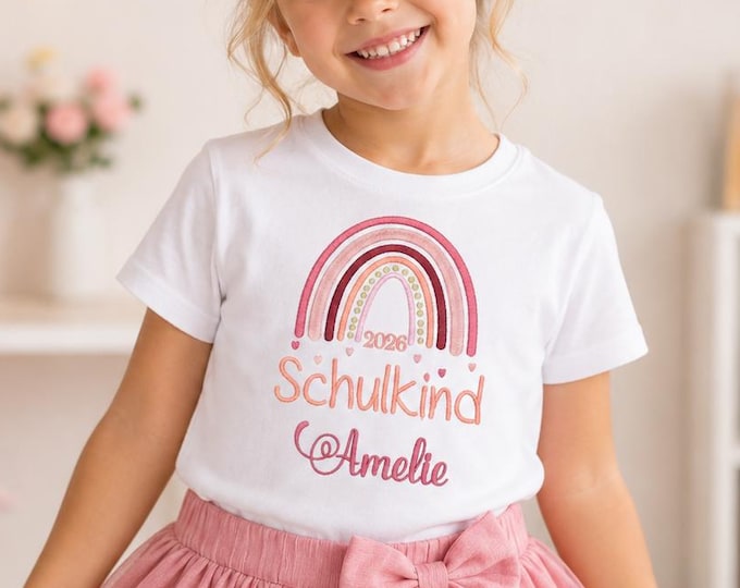 T- Shirt für Schulkind Einschulung 2026, Schulanfang Geschenk Shirt Regenbogen mit Name für Mädchen, 1. Klasse Schultag Schulanfänger,
