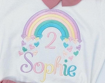 T-Shirt Mädchen Regenbogen, Kurzarm Langarm Shirt Geburtstag Kind, Geburtstagsshirt 2,4,6,8 mit Name und Zahl personalisiert Babykleidung,