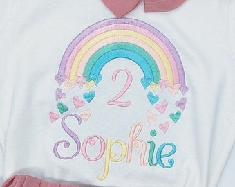 T-Shirt Mädchen Regenbogen, Kurzarm Langarm Shirt Geburtstag Kind, Geburtstagsshirt 2,4,6,8 mit Name und Zahl personalisiert Babykleidung,