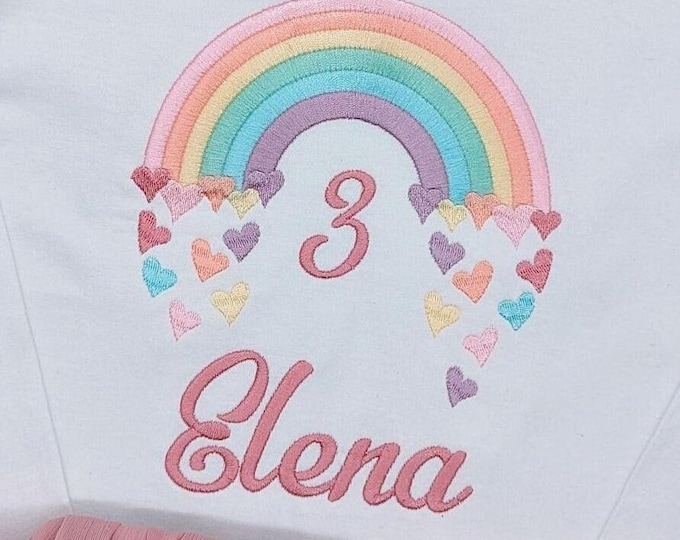 Pastellfarben Regenbogen Mädchen Geburtstagsshirt mit Name und Zahl -1 2 3 , Geburtstagsparty Outfit Kindershirt, Erster Jahr Geschenk