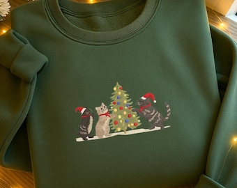 Katzenliebhaber Bestickt Weihnachtspullover für ,Tier Pulli, Katzenmotiv weihnachtsshirt, personalisiert geschenkidee, Gesticktes Sweatshirt