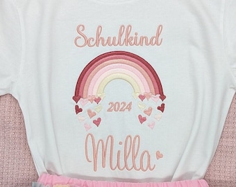 T- Shirt für Schulkind Einschulung 2024, Schulanfang Geschenk Shirt Regenbogen mit Name für Mädchen, 1. Klasse Schultag Schulanfänger,