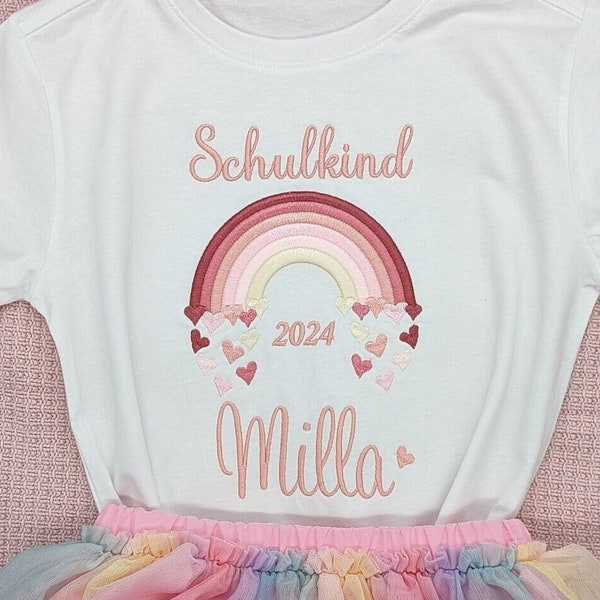 T- Shirt für Schulkind Einschulung 2024, Schulanfang Geschenk Shirt Regenbogen mit Name für Mädchen, 1. Klasse Schultag Schulanfänger,