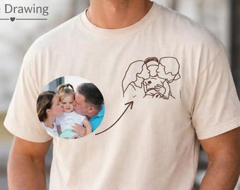 Vatertag Besticktes Familienfoto T-Shirt personalisiert ,Porträtfoto Line Art Vater, Geschenkidee Ihn, Sweatshirt Paare Geburtstag, Hochzeit
