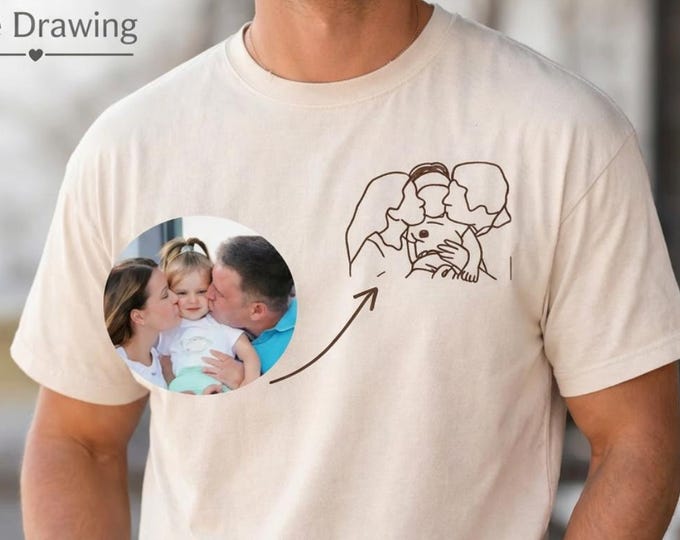 Vatertag Besticktes Familienfoto T-Shirt personalisiert ,Porträtfoto Line Art Vater, Geschenkidee Ihn, Sweatshirt Paare Geburtstag, Hochzeit
