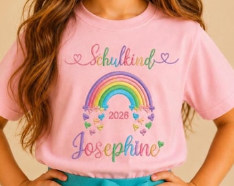 Gepersonaliseerd schoolshirt met naam, eerste schooldag 2026, regenboogshirt voor meisjes, cadeau voor de start van het schooljaar, outfit voor groep 1, eerste schooldag