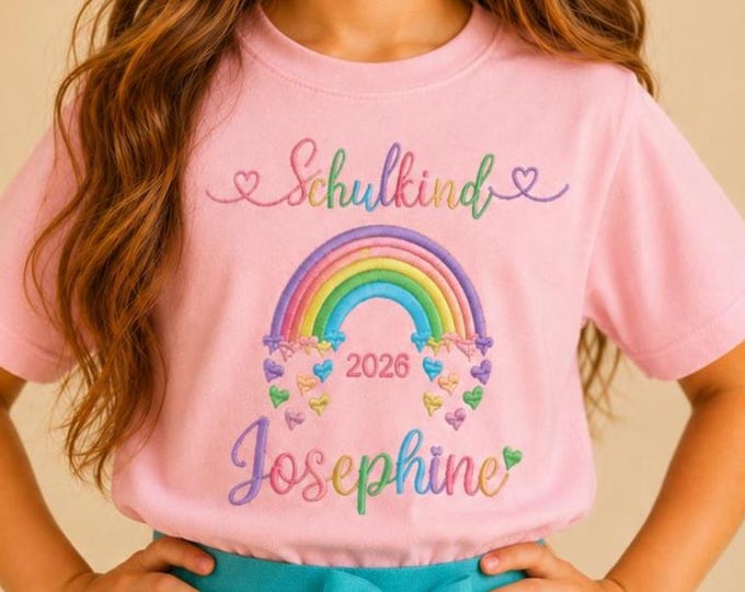 Schulkind Shirt personalisiert mit Name, Einschulung 2026 Mädchen Regenbogen Shirt Geschenk zum Schulanfang Outfit 1. Klasse Erster Schultag