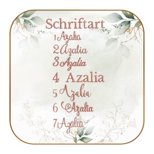 May include: A green and white watercolor background with a gold border. The text "Schriftart" is at the top of the image. The word "Azalia" is written in a cursive font seven times, with numbers 1 through 7 preceding each word.