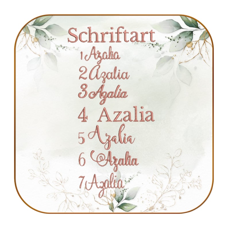 May include: A green and white watercolor background with a gold border. The text "Schriftart" is at the top of the image. The word "Azalia" is written in a cursive font seven times, with numbers 1 through 7 preceding each word.