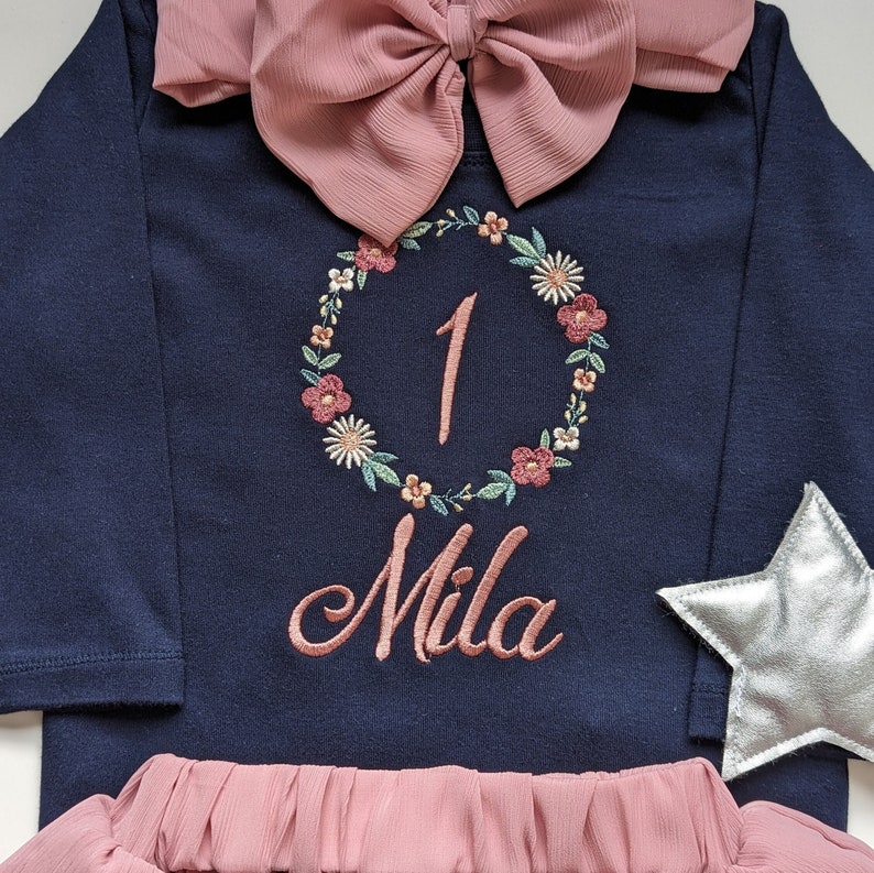 Flower wreath old pink birthday shirt girl with name and number -1 2 3 , birthday party outfit children's shirt, first year gift image 2