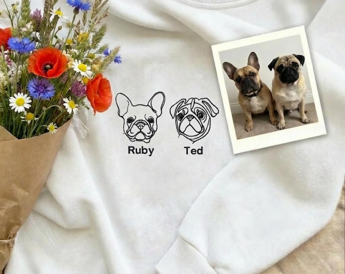 Gesticktes Haustierfoto mit Namen, besticktes Hunde-T-Shirt, personalisiertes Geschenk für Hundepapa/Hundemama, Line Art Weihnachtsgeschenk