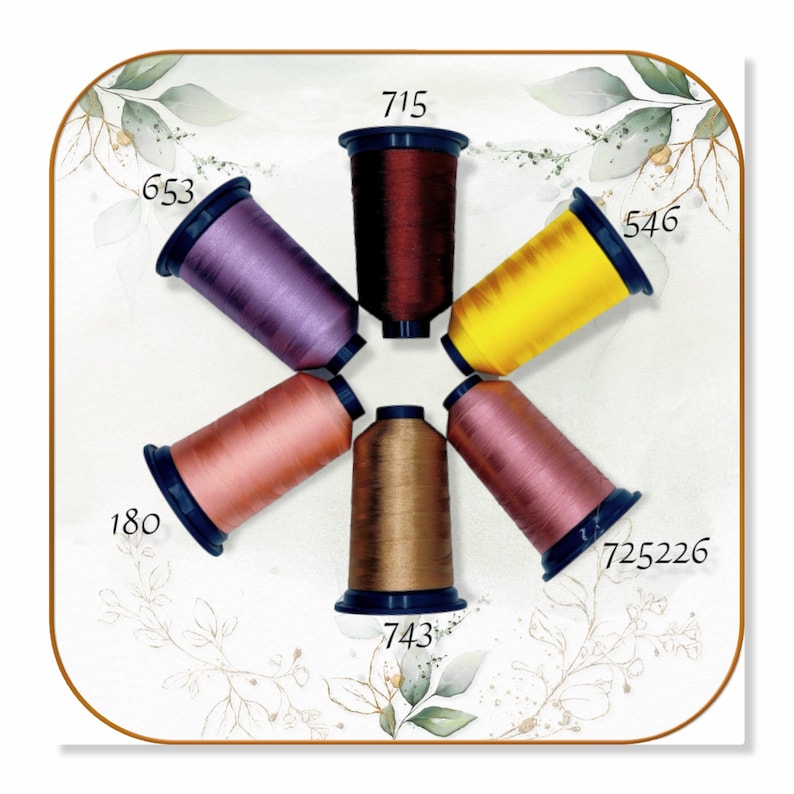 May include: A collection of seven spools of thread in various colors, including brown, purple, yellow, pink, and orange. The spools are arranged in a star shape and labeled with numbers.