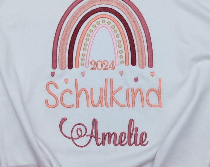 T- Shirt für Schulkind Einschulung 2025, Schulanfang Geschenk Shirt Regenbogen mit Name für Mädchen, 1. Klasse Schultag Schulanfänger,