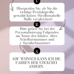 May include: A graphic with three steps for placing an order. The steps are: 1. Check the size chart, 2. Provide personalization details, and 3. Request custom colors. The graphic is in German.