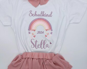 T- Shirt für Schulkind Einschulung 2025, Schulanfang Geschenk Shirt Regenbogen mit Name für Mädchen, 1. Klasse Schultag Schulanfänger,
