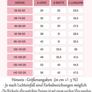 Op de afbeelding: Een maattabel voor kleding in centimeters. De tabel toont de maat, de hoogte, de breedte en de mouwlengte voor verschillende maten. De tabel is in het Duits.