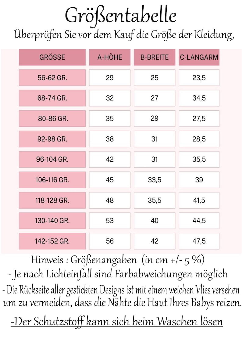 Op de afbeelding: Een maattabel voor kleding in centimeters. De tabel toont de maat, de hoogte, de breedte en de mouwlengte voor verschillende maten. De tabel is in het Duits.