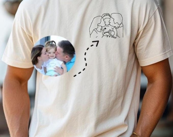 Embroidered family T-shirt personalized, portrait photo father shirt, gift idea Christmas and Father's Day, line art family photo birthday