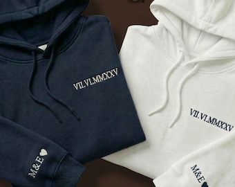 Hoodie Paar Valentinstag mit Datum,  personalisiert Besticktes Sweatshirt mit Initialen und Herz auf dem Ärmel, Outfit Valentinstagsgeschenk