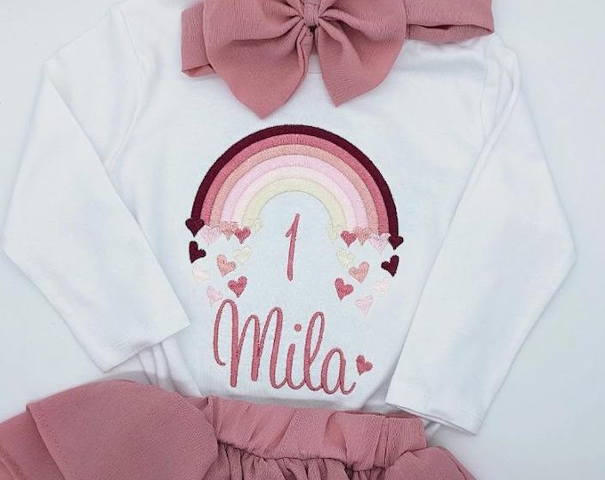 Regenbogen  Geburtstagsshirt Mädchen mit Name und Zahl -1 2 3 4 5 6 7  - in Pastellfarben, Geburtstagsparty Outfit Kindershirt