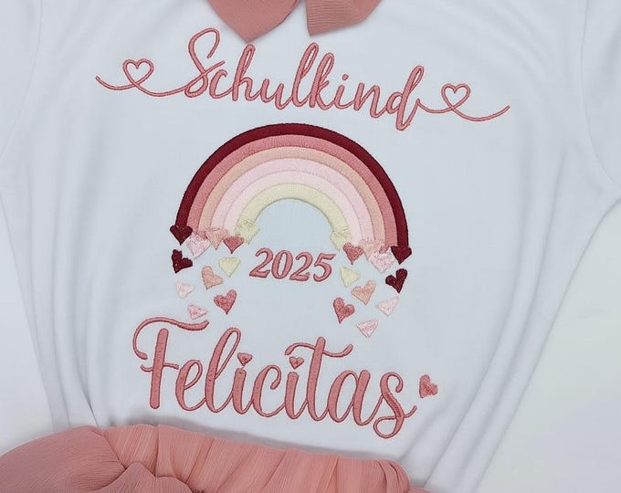 T- Shirt für Schulkind Einschulung 2025, Schulanfang Geschenk Shirt Regenbogen mit Name für Mädchen, 1. Klasse Schultag Schulanfänger,