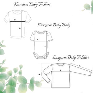 Op de afbeelding: Diagram met de maten voor baby-T-shirts met korte en lange mouwen en een baby-romper met korte mouwen. De maten zijn aangegeven met A, B en C.