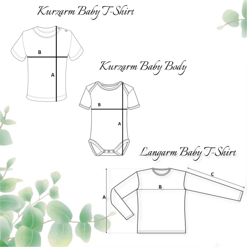 Op de afbeelding: Diagram met de maten voor baby-T-shirts met korte en lange mouwen en een baby-romper met korte mouwen. De maten zijn aangegeven met A, B en C.