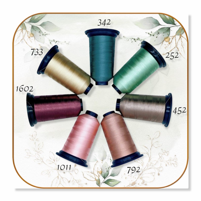 May include: A collection of ten spools of thread in various colors, including teal, gold, green, brown, pink, and peach. Each spool is labeled with a number.