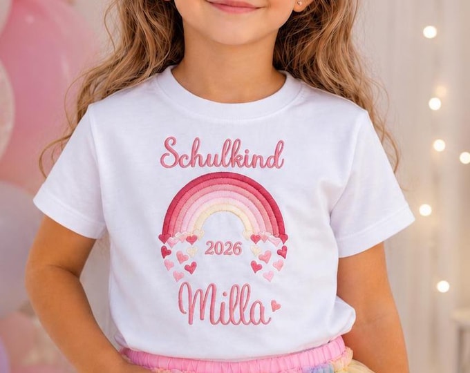 Geschenk Schulanfang 2026, Personalisierbares T-Shirt für Schulkinder mit Namen, Einschulung, erster Schultag, Shirt für Mädchen und Jungen
