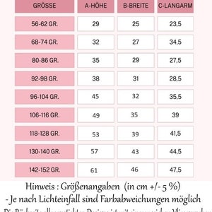May include: A pink and white size chart for clothing with the headings "Gr&ouml;&szlig;e", "A-H&ouml;he", "B-Breite", and "C-Langarm". The chart lists sizes from 56-62 GR to 142-152 GR with corresponding measurements in centimeters. The text "Hinweis: Gr&ouml;&szlig;enangaben (in cm +/- 5%)" is at the bottom of the chart.