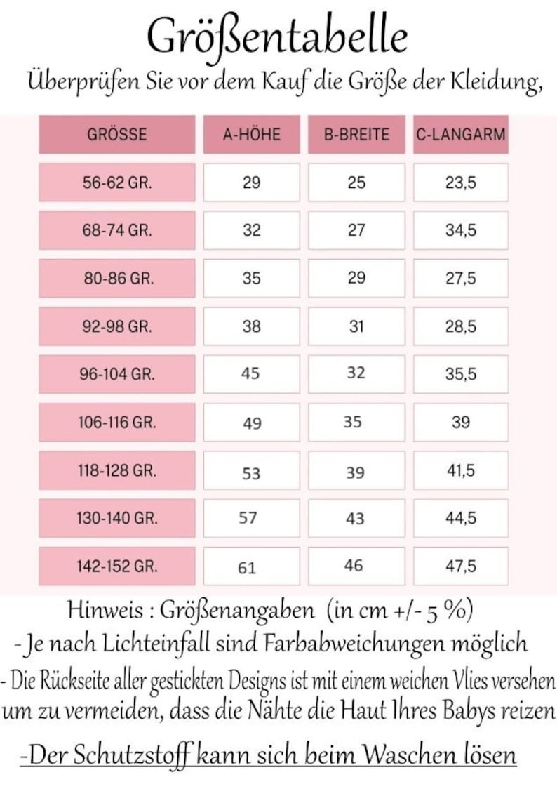 May include: A pink and white size chart for clothing with the headings "Gr&ouml;&szlig;e", "A-H&ouml;he", "B-Breite", and "C-Langarm". The chart lists sizes from 56-62 GR to 142-152 GR with corresponding measurements in centimeters. The text "Hinweis: Gr&ouml;&szlig;enangaben (in cm +/- 5%)" is at the bottom of the chart.