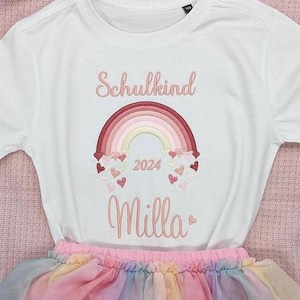T-shirt pour l&#39;inscription des écoliers 2025, chemise cadeau de rentrée scolaire arc-en-ciel avec nom pour filles, journée d&#39;école de 1ère année pour débutants,