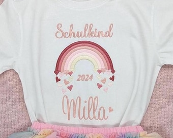 T- Shirt für Schulkind Einschulung 2025, Schulanfang Geschenk Shirt Regenbogen mit Name für Mädchen, 1. Klasse Schultag Schulanfänger,