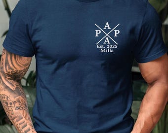 Papa besticktes T-Shirt personalisiert Name und Jahr, Vatershirt Geschenk, werdende Papa Ankündigung, Vatertag, Mama, Oma, Opa,