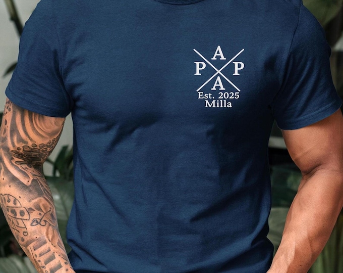 Papa besticktes T-Shirt personalisiert Name und Jahr, Vatershirt Geschenk, werdende Papa Ankündigung, Vatertag, Mama, Oma, Opa,