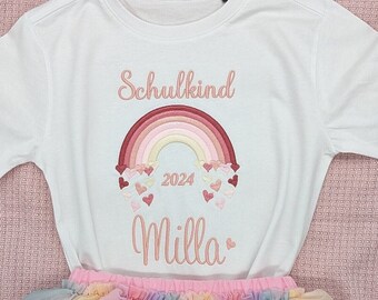 T- Shirt für Schulkind Einschulung 2025, Schulanfang Geschenk Shirt Regenbogen mit Name für Mädchen, 1. Klasse Schultag Schulanfänger,