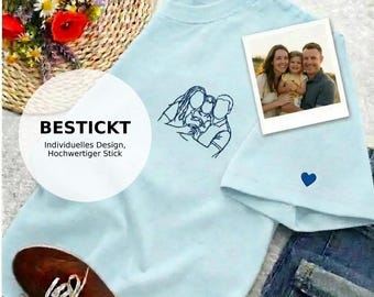 Vatertag Besticktes Familienfoto T-Shirt personalisiert ,Porträtfoto Line Art Vater, Geschenkidee Ihn, Sweatshirt Paare Geburtstag, Hochzeit