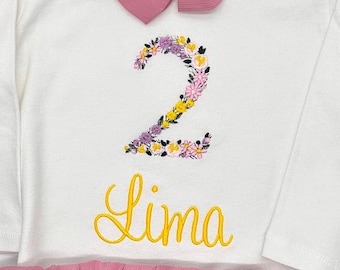 Flower birthday shirt for girls | Number lettering birthday outfit for first year | Gift t-shirt 2 tops for girls, personalized t-shirt