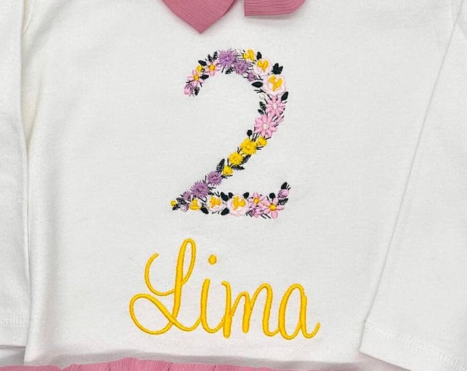Blumen Geburtstagsshirt Mädchen | Zahlenschrift Geburtstagsoutfit erster Jahr | Geschenk tshirt 2 Oberteil Mädchen, personalisiert T-Shirt
