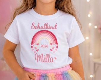 T- Shirt für Schulkind Einschulung 2026, Schulanfang Geschenk Shirt Regenbogen mit Name für Mädchen, 1. Klasse Schultag Schulanfänger,