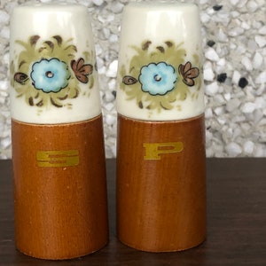 Mid Century wooden and porcelain floral salt and pepper shakers