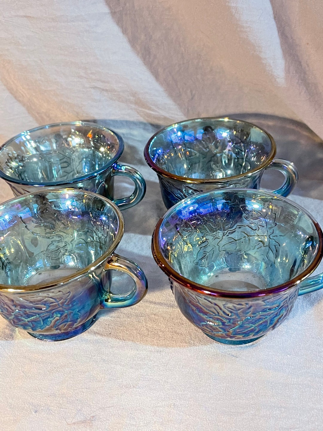 4 Vintage Blue Iridescent Carnival Glass Tea Cups Etsy