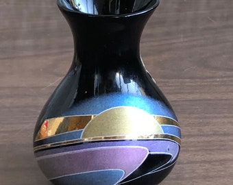 Vintage italienische Linea Decor Lila Knospenvase mit goldenem und blauem Rand – Retro-Vase, italienische Vase